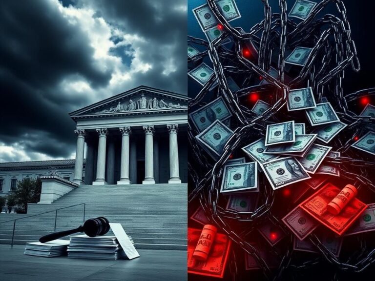 Flick International Dramatic split-screen image contrasting a courthouse with storm clouds and a tangled web of money symbolizing financial deceit