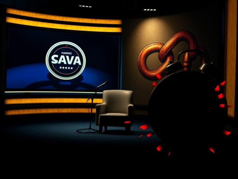 Flick International A dimly lit late-night television studio with a large empty chair and microphone, symbolizing the tension of the Israel-Hamas war discussion.