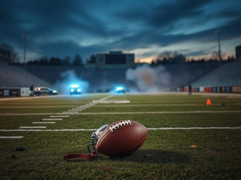 Flick International Dusk scene of a high school football field with a football and helmet, symbolizing post-match tension