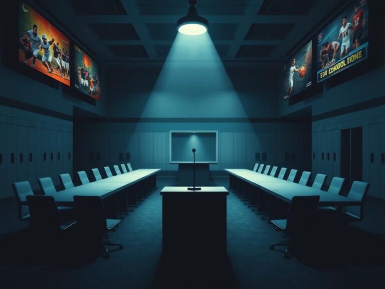 Flick International Empty school board meeting room with stark contrasts representing authority and dissent