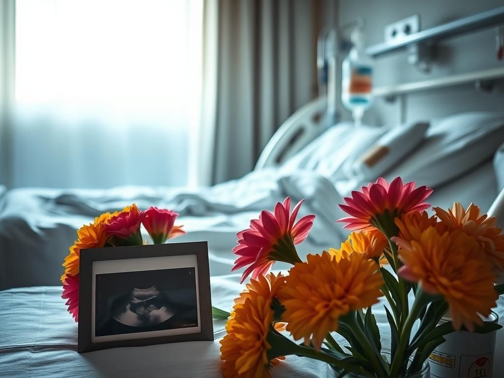 Flick International Dimly lit hospital room with a bedside table featuring country music memorabilia and an ultrasound photo