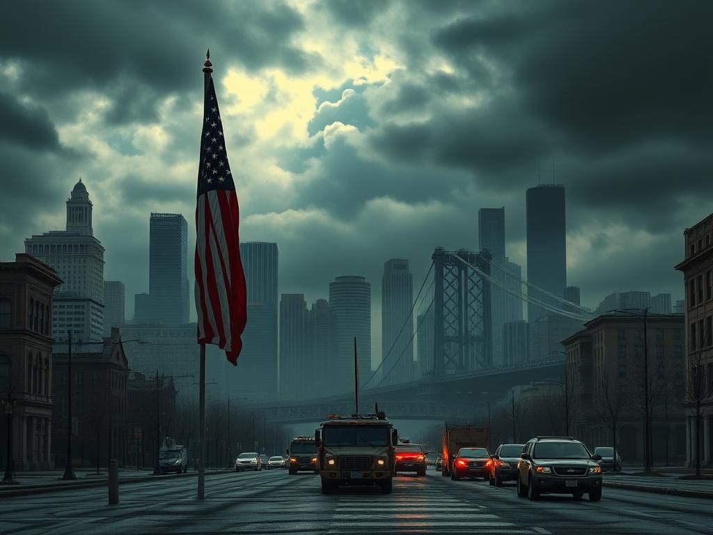 Flick International Dark urban landscape of Portland and Chicago featuring iconic elements like the skyline and bridges, American flag half-mast in the foreground.