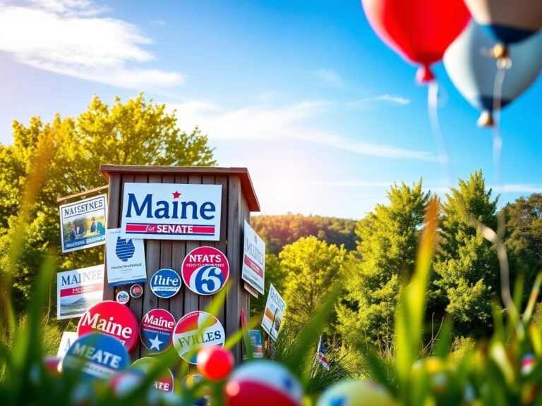 Flick International A vibrant campaign podium with 'Maine for Senate' sign amidst colorful materials