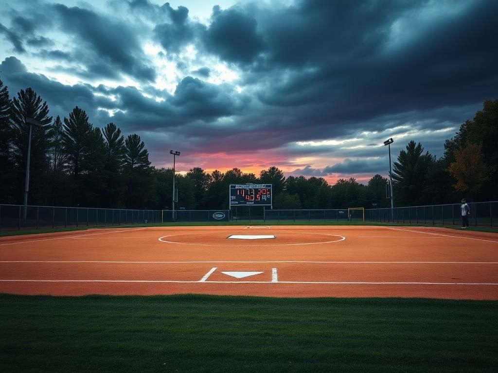 Flick International A vibrant dusk scene of a well-maintained softball diamond surrounded by autumn colors.