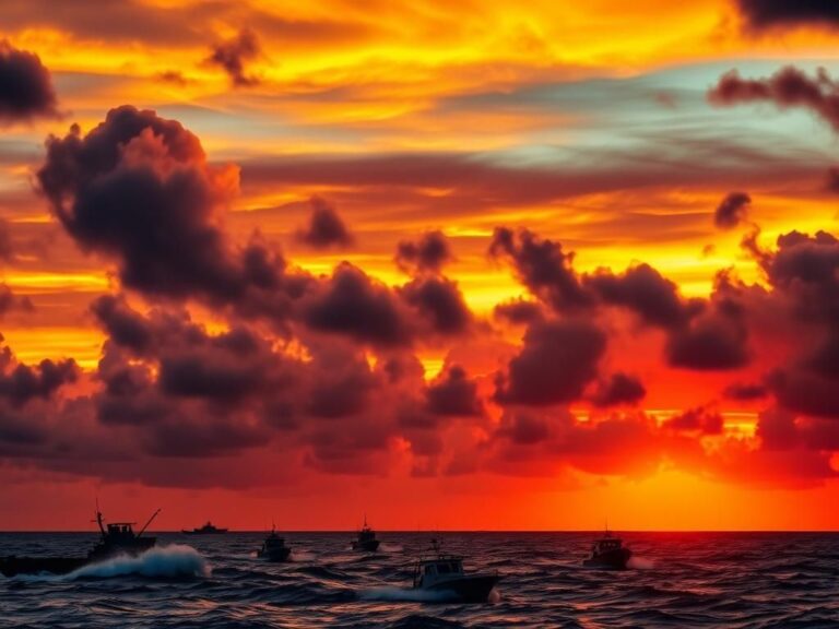 Flick International Aerial view of Caribbean Sea at sunset with boats and military presence