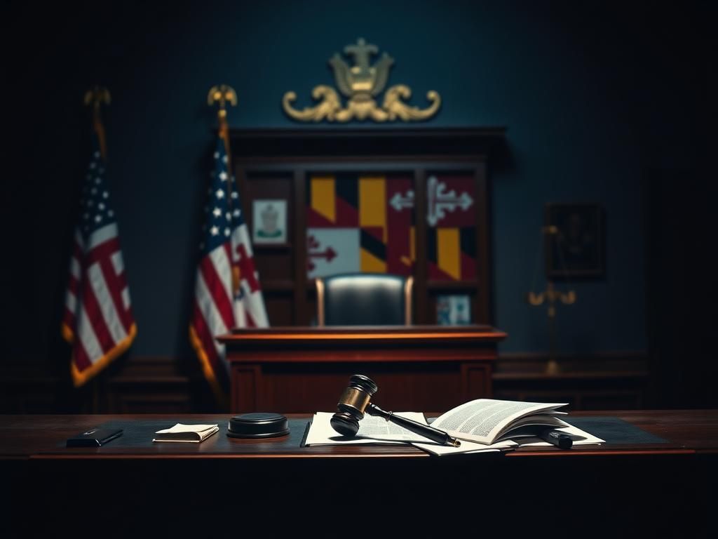 Flick International A dramatic courtroom scene with an empty judge's bench and American flags in the background