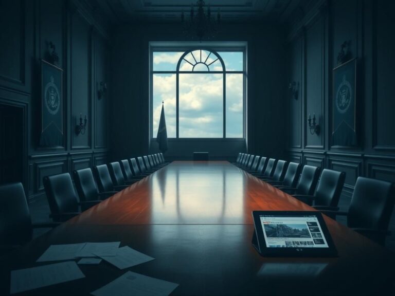 Flick International Empty grand political meeting room with a polished wooden table and empty chairs