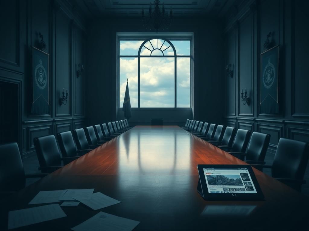 Flick International Empty grand political meeting room with a polished wooden table and empty chairs