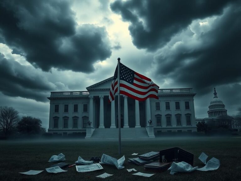 Flick International Dramatic depiction of a government office building under dark clouds symbolizing turmoil and uncertainty