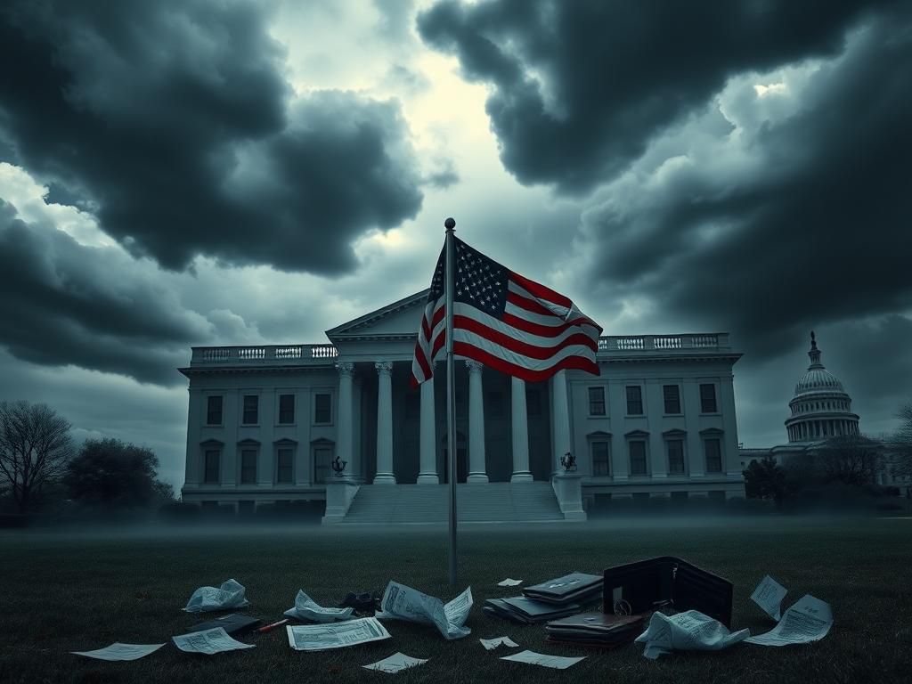 Flick International Dramatic depiction of a government office building under dark clouds symbolizing turmoil and uncertainty