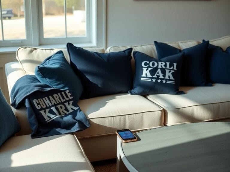 Flick International Cozy living room showcasing tension with a Charlie Kirk shirt on the couch
