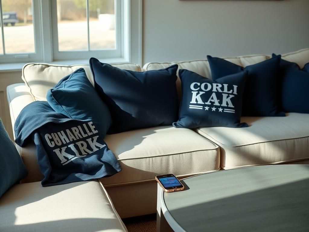 Flick International Cozy living room showcasing tension with a Charlie Kirk shirt on the couch