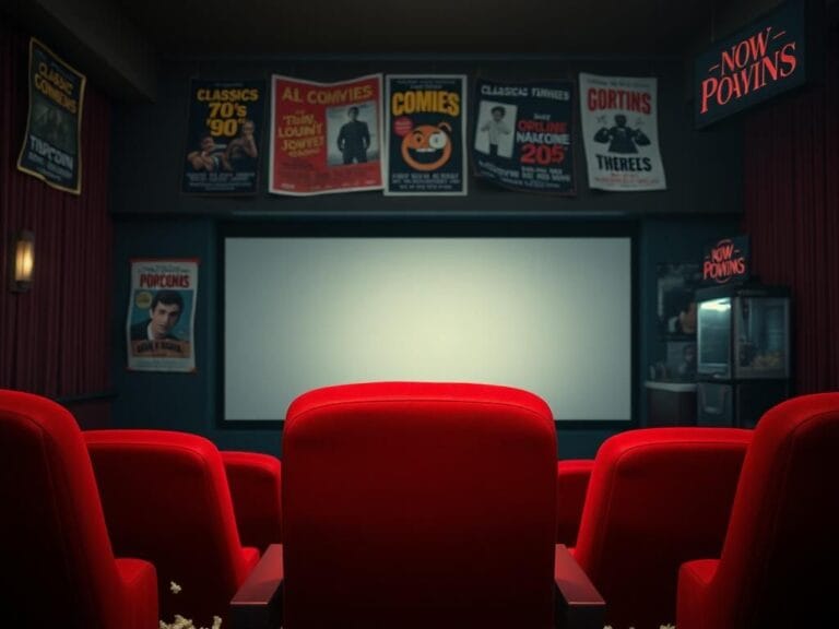 Flick International Empty movie theater with red velvet chair and vintage film posters