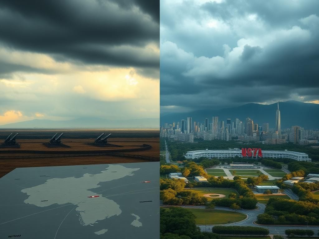 Flick International Tense landscape divided between a North Korean military base and a South Korean city skyline