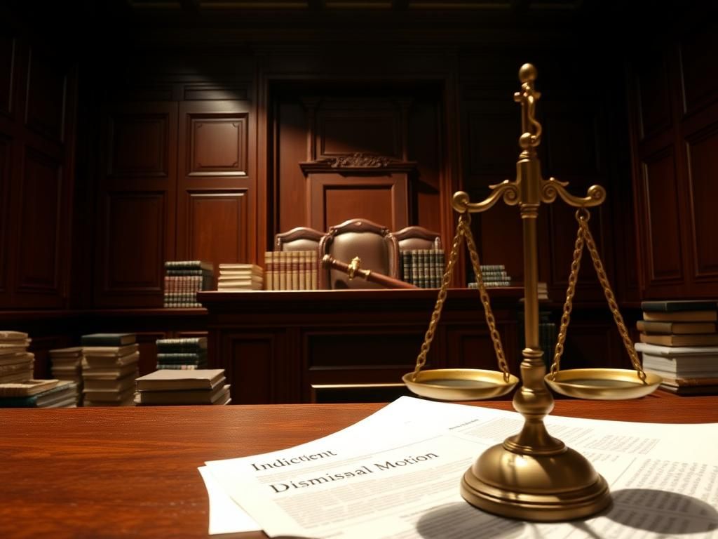 Flick International Dimly lit courtroom scene with a grand wooden judge's bench and legal books stacked high