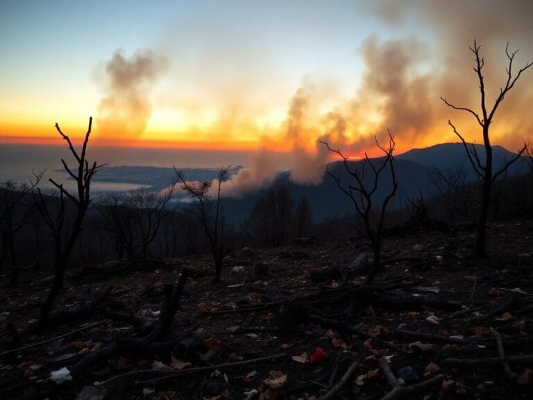 Flick International Dramatic landscape showcasing the aftermath of the Palisades Fire with charred trees and smoldering ground