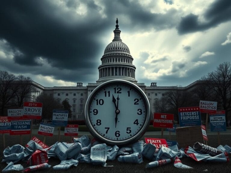 Flick International Large Capitol building under dark storm clouds symbolizing political tension during government shutdown