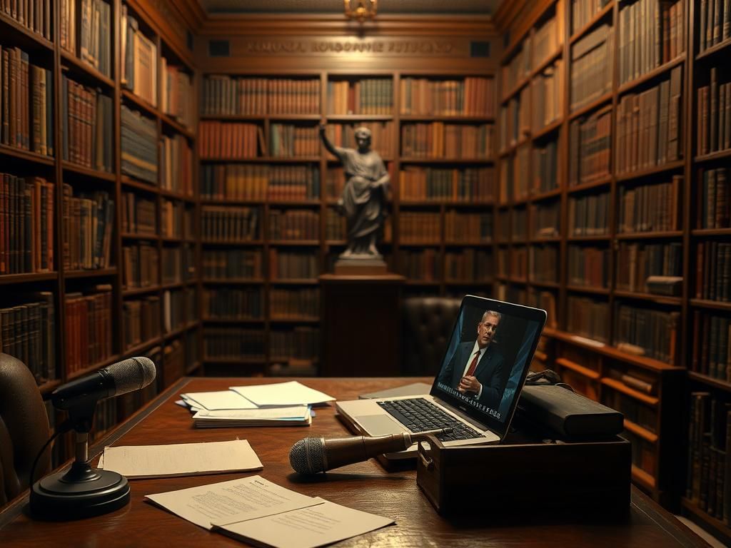 Flick International A dramatic library scene reflecting the quest for truth in politics