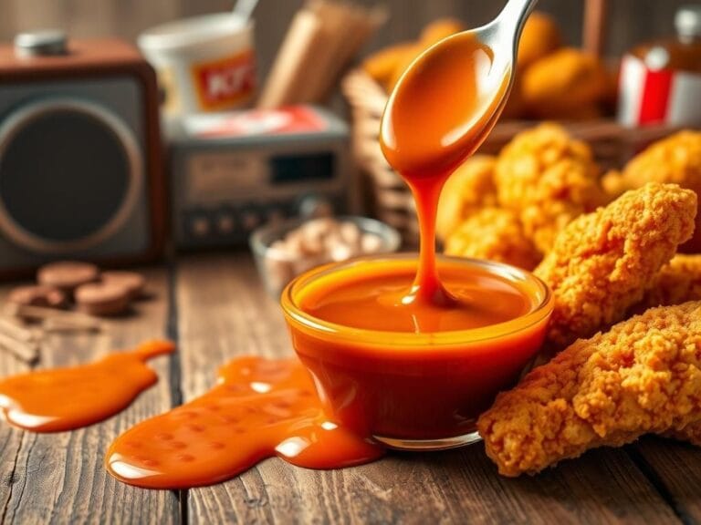 Flick International Close-up of KFC's Original Honey BBQ sauce in a dipping bowl with crispy chicken tenders