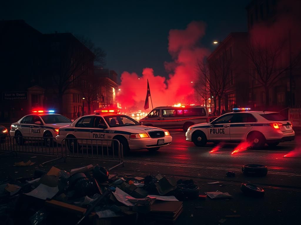 Flick International A chaotic urban intersection in Boston during a pro-Palestinian protest, depicting police cruisers surrounded by debris and smoke.