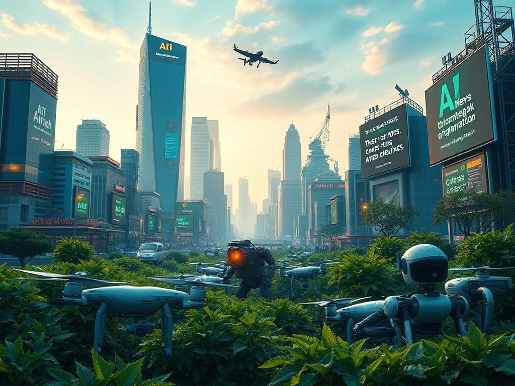 Flick International A futuristic cityscape featuring robots and drones in an urban environment