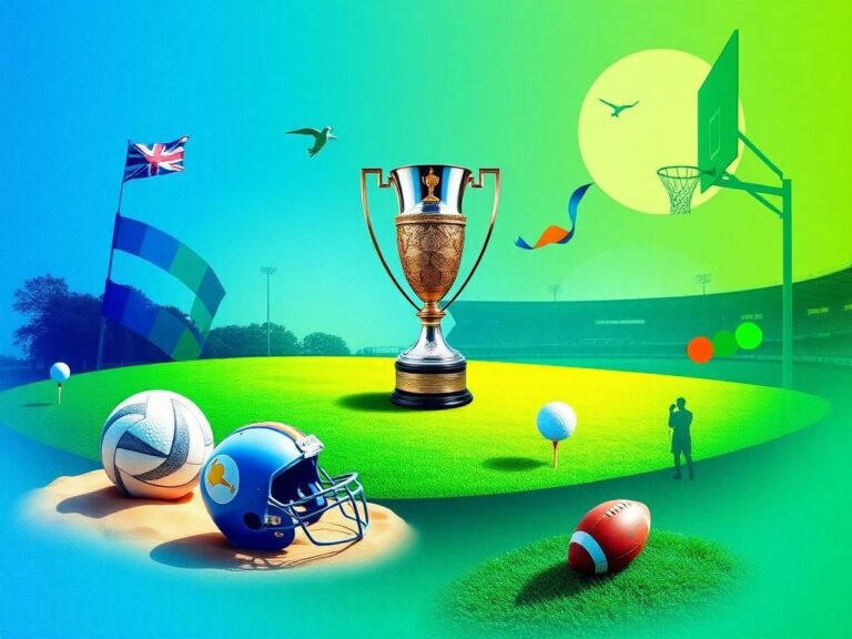 Flick International A vibrant illustration representing the energy of sports with a golf course, Ryder Cup trophy, and various sports symbols.