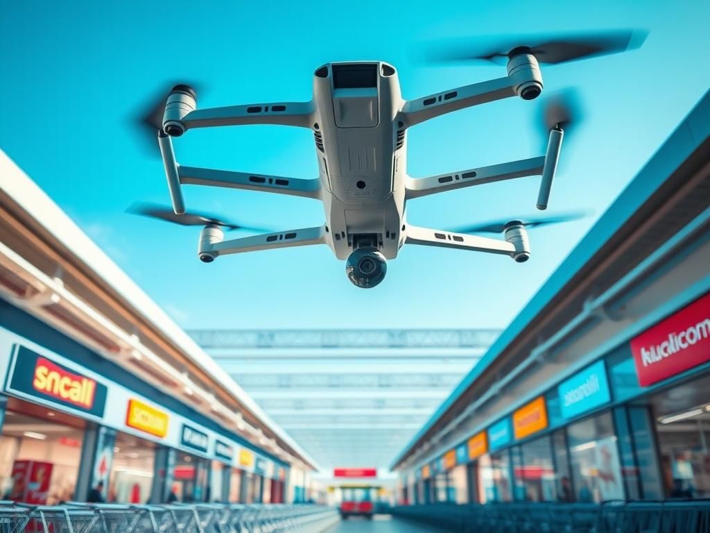 Flick International High-tech drone hovering above a retail environment