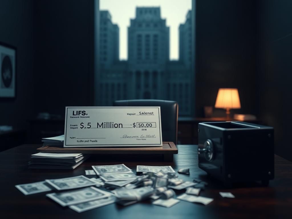 Flick International Dark office environment depicting financial documents and a large legal settlement check of $9.5 million