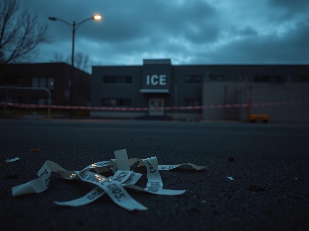 Flick International Dusk view of the ICE facility in Portland, Oregon, with crumpled police tape on the ground