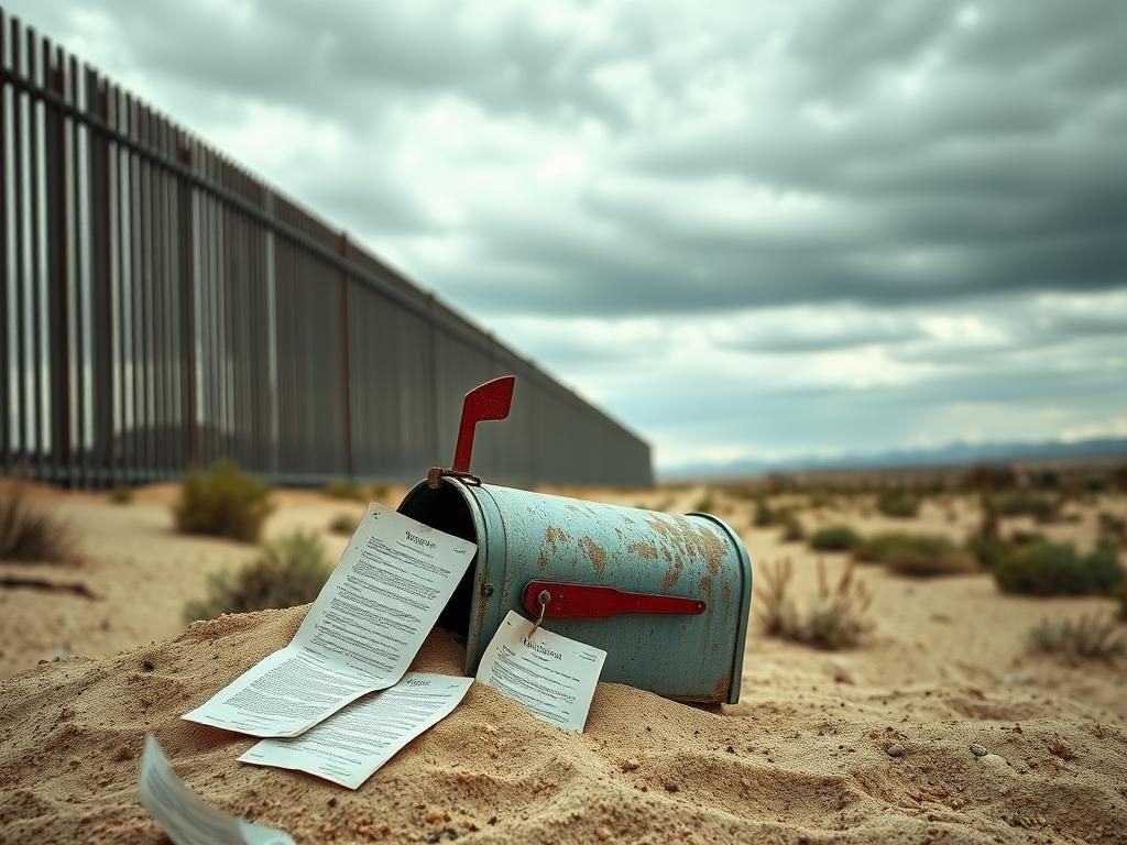 Flick International A somber view of the U.S.-Mexico border featuring the imposing border wall and a weathered mailbox buried in sand.