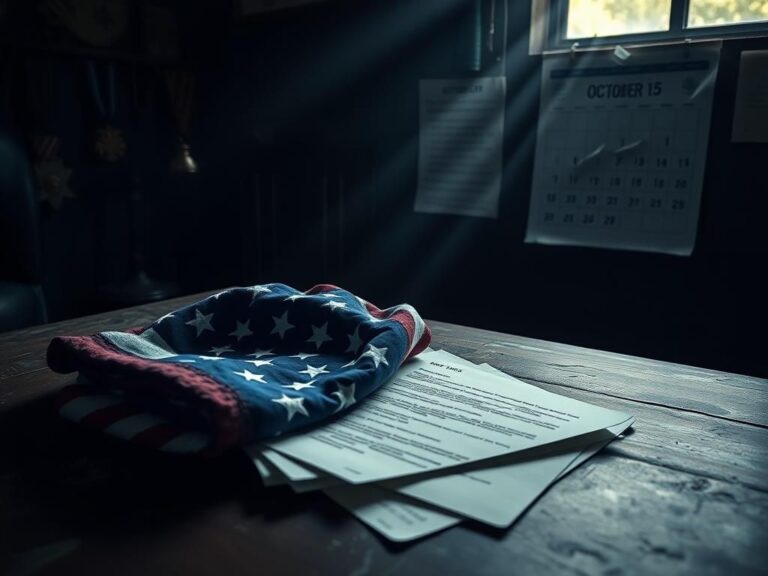 Flick International A somber military-themed workspace with U.S. flag and military documents