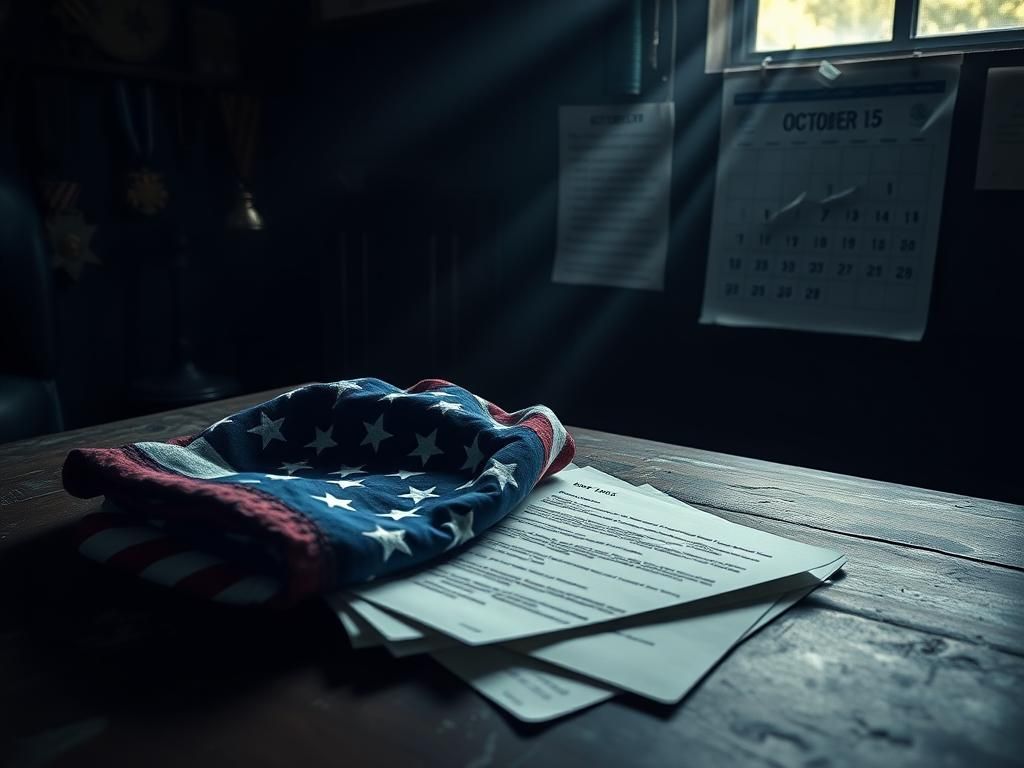Flick International A somber military-themed workspace with U.S. flag and military documents