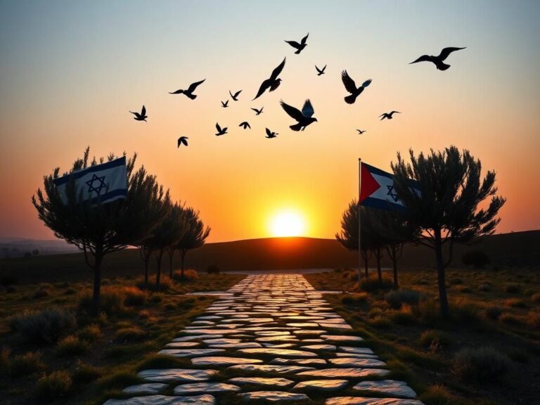 Flick International Olive tree pathway symbolizing peace with Israel and Palestinian flags