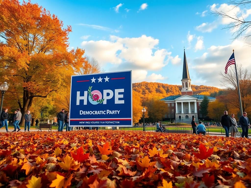 Flick International Autumn scene with a vibrant Democratic campaign sign in an urban park