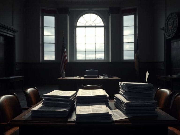 Flick International Empty and dimly lit government office with a large desk and documents about federal budget cuts