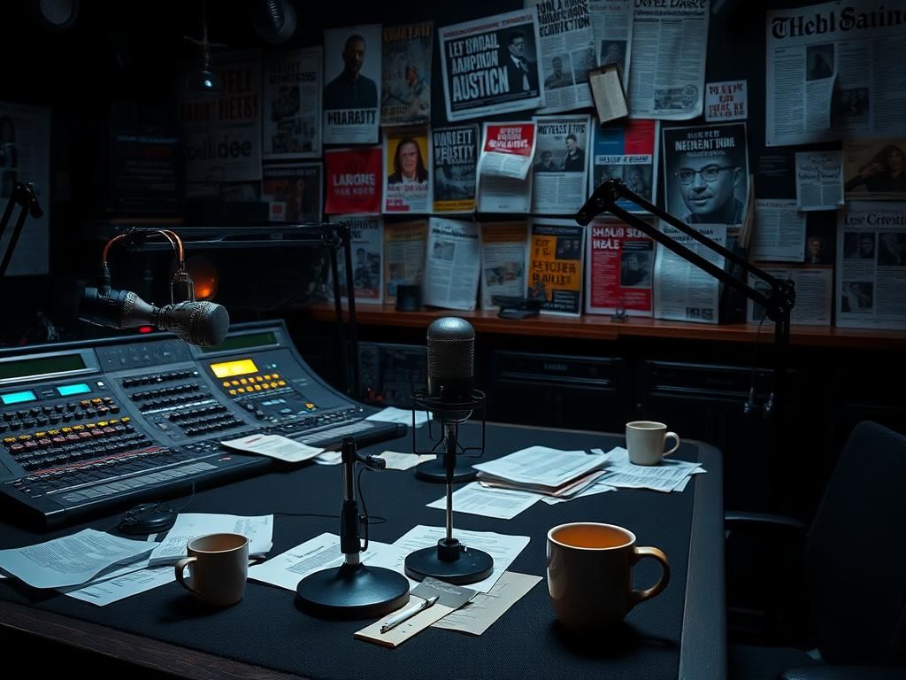 Flick International A dramatic radio studio environment showcasing vintage microphones and sound equipment