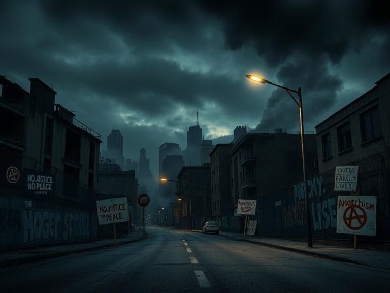 Flick International Dark, stormy urban landscape at dusk with shattered glass and smoke symbolizing chaos