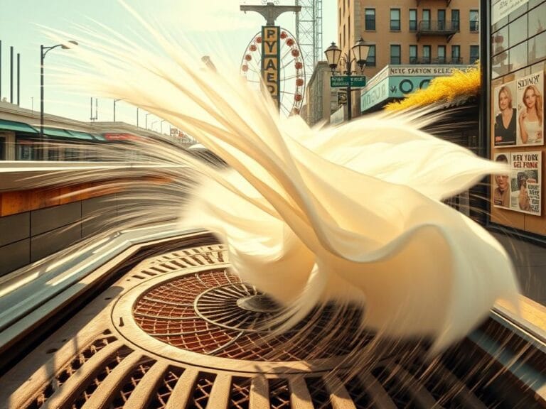 Flick International Subway grate with swirling white fabric, inspired by Marilyn Monroe's iconic scene