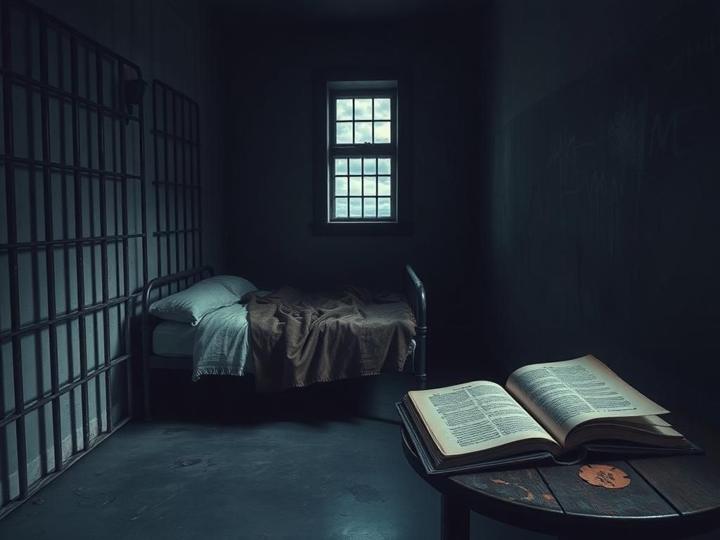 Flick International Dimly lit prison cell with steel bars and an unmade cot symbolizing years of confinement