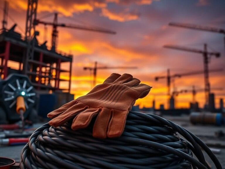 Flick International A bustling construction site at sunset featuring tools of skilled tradesmanship.