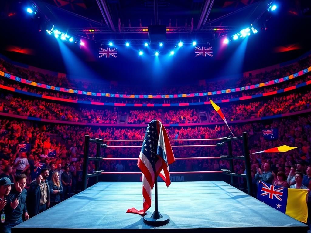 Flick International Empty microphone stand with American flag at WWE Crown Jewel event in Australia