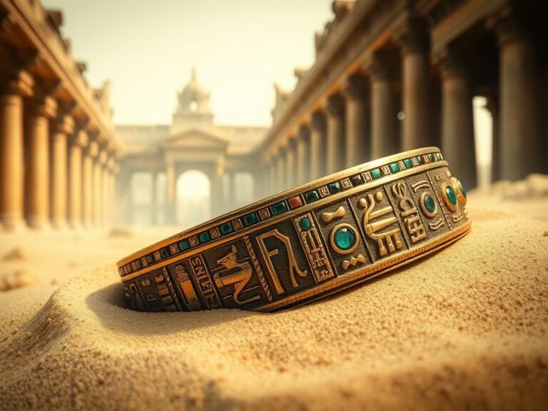 Flick International Close-up of an ancient Egyptian bracelet with hieroglyphics and gemstone inlays partially buried in sand.