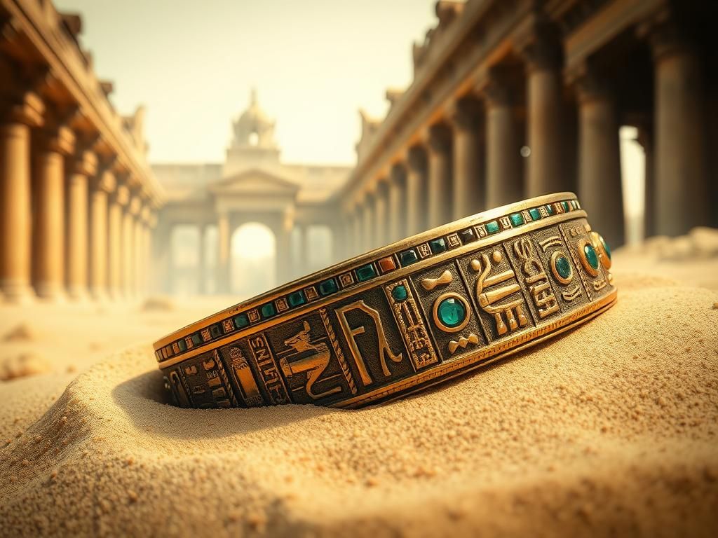 Flick International Close-up of an ancient Egyptian bracelet with hieroglyphics and gemstone inlays partially buried in sand.