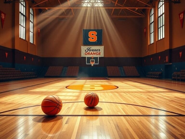 Flick International Basketball court in an empty gymnasium highlighting the legacy of Syracuse basketball