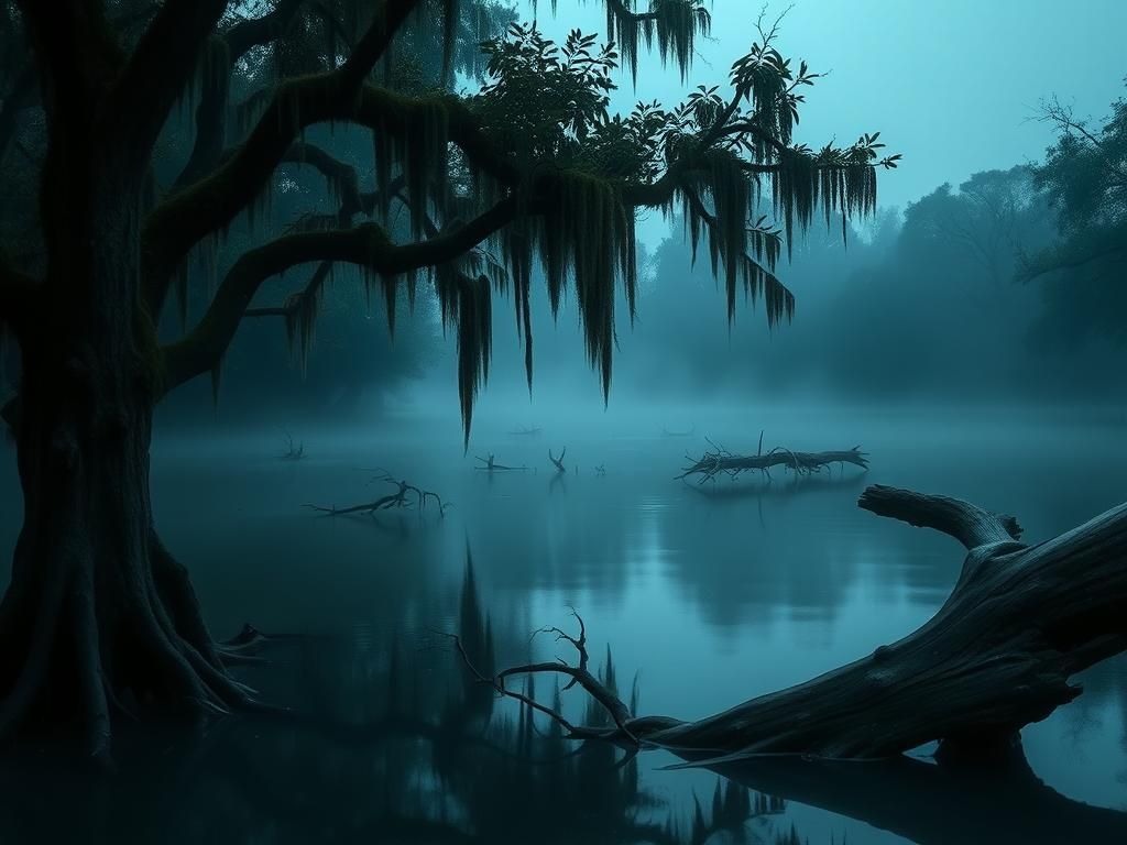 Flick International Misty bayou in Houston at twilight with eerie water reflections