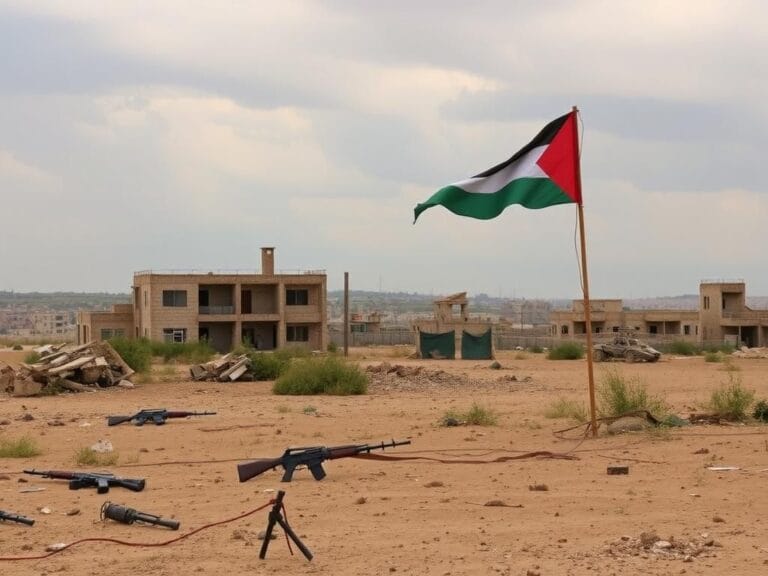 Flick International A desolate landscape in Gaza with crumbling buildings and abandoned weaponry symbolizing ongoing conflict