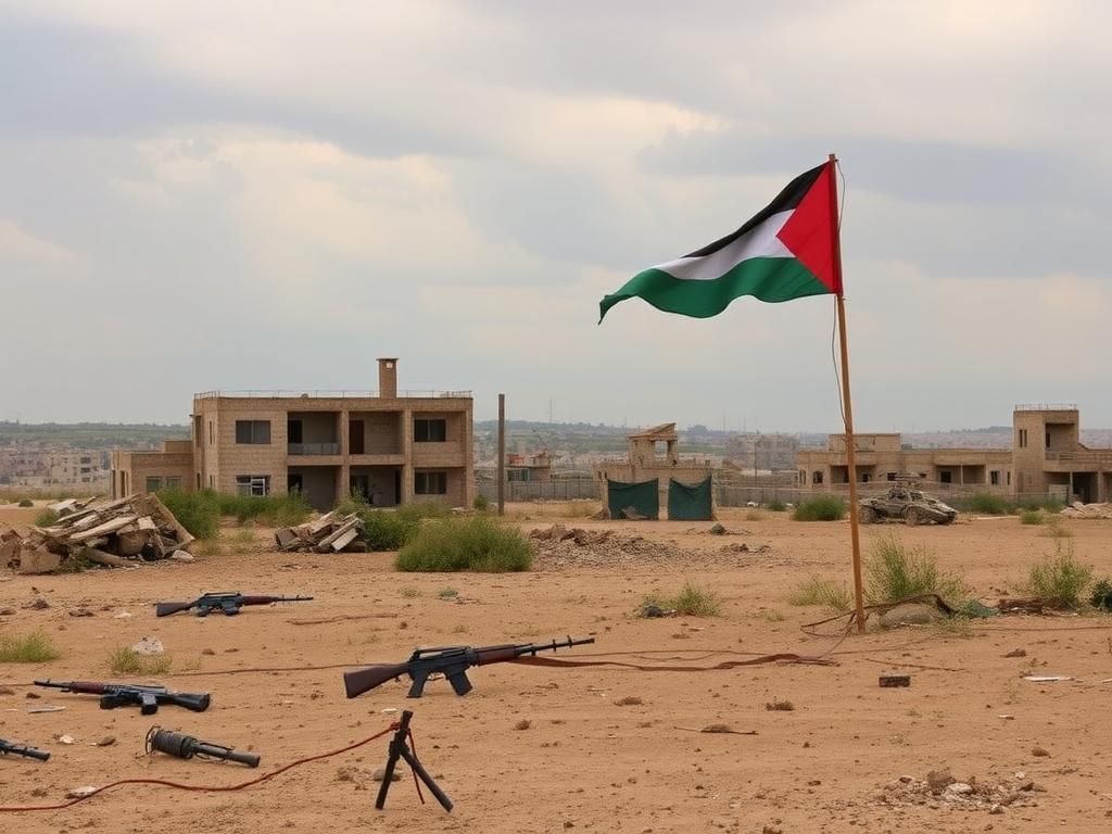 Flick International A desolate landscape in Gaza with crumbling buildings and abandoned weaponry symbolizing ongoing conflict