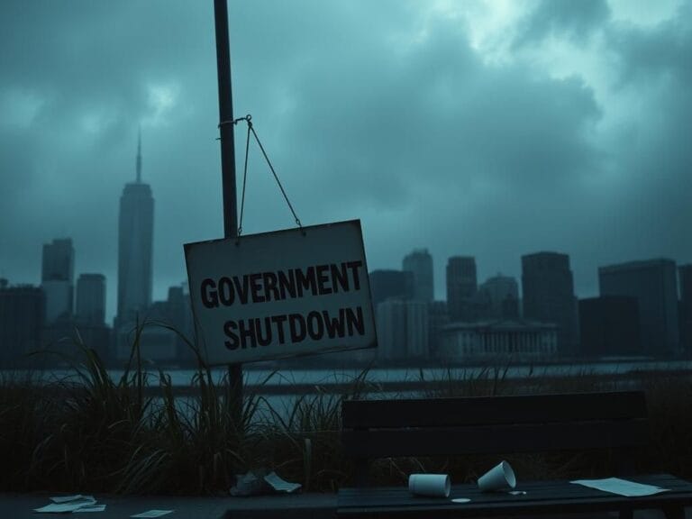 Flick International Somber New York skyline under gray clouds with a government shutdown sign