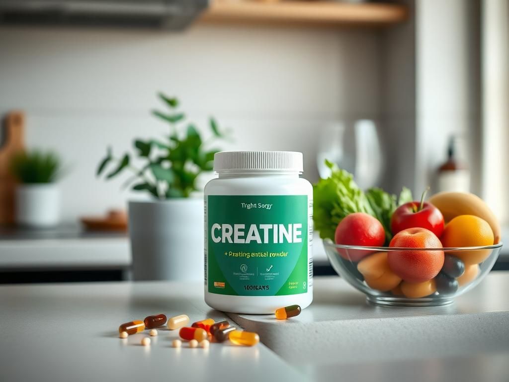 Flick International Container of creatine powder and capsules on a kitchen countertop surrounded by fresh fruits and greens