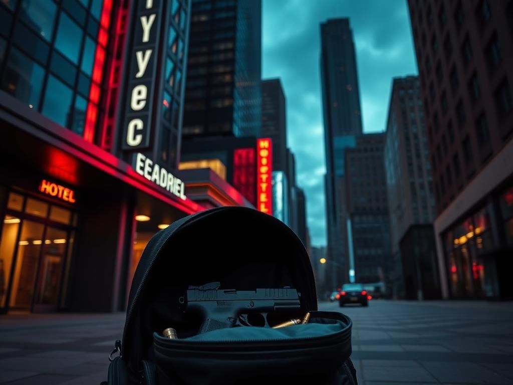 Flick International Empty black backpack with gun and ammunition outside a Manhattan hotel at dusk